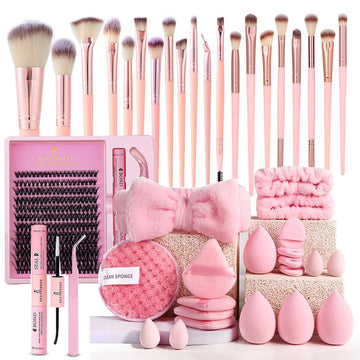 Makeup Brushes and Sponges Set, Pink Makeup Puff,  Headband, Wristband Remover ,  8-16mm DIY Eyelash Extension Kit makeup tool