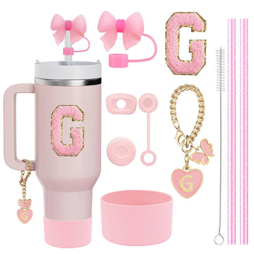 10PCS Accessories Set for Stanley Cup, 2 Straw and Brush and 1 Flower Charm Chain 3 Spill Proof Stopper Flowers Straw Cover Boot